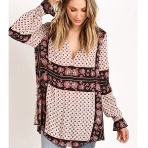Free People Pink and Black Paisley Patchwork Blouse